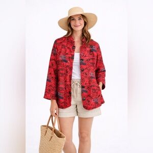 VTG Norm Thompson Red Travel Print Linen Cotton Jacket Blazer Women’s Size M